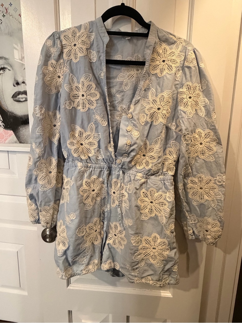 Light Blue Romper with Cream Crochet Floral Applique